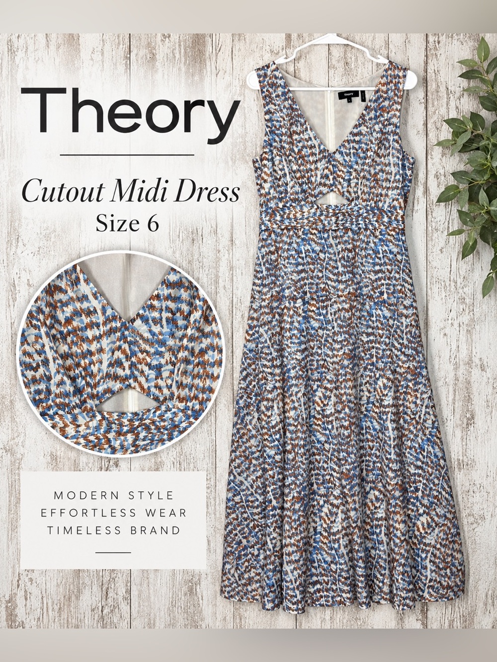 Theory Cutout Midi Dress Women’s Size 6 Blue Brown Abstract Print Sleeveless